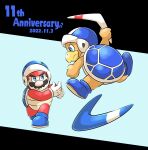  1boy absurdres anniversary aogaeru_(pixiv46613656) black_background blue_background blue_eyes blue_footwear blue_headwear boomerang boomerang_brothers boomerang_mario brown_hair closed_mouth commentary_request dated facial_hair fighting frown gloves helmet highres holding jumping long_sleeves looking_at_another mario mario_(series) mustache red_shirt shirt shoes short_hair standing super_mario_3d_land throwing turtle_shell two-tone_background v-shaped_eyebrows white_gloves 