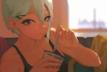 1girl :t black_camisole black_eyes blurry bubble_tea camisole close-up cup depth_of_field disposable_cup drink drinking_straw earrings grey_hair hair_between_eyes hair_ornament hairclip idolmaster idolmaster_cinderella_girls indoors jewelry looking_at_viewer shioda_(shioda_5) shiomi_syuko short_hair solo stud_earrings window 