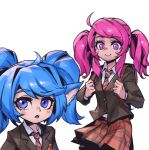  2girls :o alternate_costume bangs blue_hair brown_jacket closed_mouth collared_shirt fang jacket league_of_legends lux_(league_of_legends) multiple_girls necktie open_mouth phantom_ix_row plaid plaid_skirt pointy_ears poppy_(league_of_legends) purple_eyes red_necktie red_skirt school_uniform shirt skirt smile striped_necktie twintails yordle 