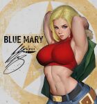  1girl abs armpit_crease armpits arms_behind_head arms_up blonde_hair blue_eyes blue_mary breasts denim highres holding holding_clothes holding_jacket ickpot jacket jeans midriff pants red_tank_top tank_top the_king_of_fighters toned 