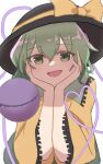  1girl :d black_headwear collared_shirt frilled_shirt_collar frilled_sleeves frills green_eyes green_hair hair_between_eyes hands_on_own_face hat hat_ribbon heart heart_of_string highres koishi_day komeiji_koishi looking_at_viewer medium_hair momitoekk open_mouth ribbon shirt simple_background smile solo third_eye touhou upper_body white_background yellow_ribbon 