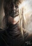  1girl blindfold blonde_hair capelet cloak closed_mouth covered_eyes dark_souls_(series) dark_souls_i dark_souls_iii dress fire_keeper jewelry long_hair mask seven_(shijima) solo 