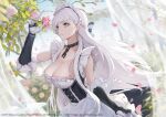  1girl apron azur_lane belfast_(azur_lane) black_choker blurry blurry_background braid breasts choker cleavage collarbone curtains dress falling_petals floating_hair flower french_braid frilled_gloves frills gloves holding holding_flower large_breasts long_hair looking_to_the_side maid maid_apron maid_headdress marumoru official_art outdoors parted_lips petals pink_flower short_sleeves solo very_long_hair white_dress white_gloves white_hair 