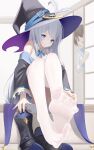  absurdres bare_shoulders black_robe blue_eyes boots feet hat highres j.c.14 long_hair looking_at_viewer open_clothes open_robe original pantyhose robe shirt soles thighhighs toes white_hair white_pantyhose white_shirt white_thighhighs witch witch_hat 