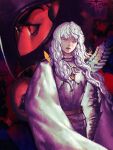  2boys armor berserk blue_eyes cape commentary_request curly_hair dark_persona dual_persona femto_(berserk) full_armor griffith_(berserk) hair_between_eyes helmet highres long_hair looking_at_viewer multiple_boys o3xalpxfuuq0s2m red_eyes shoulder_armor white_cape white_hair 