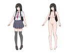  1girl asymmetrical_bangs black_hair black_thighhighs breasts censored clenched_hand commentary completely_nude female_pubic_hair full_body hall_onon kuonji_yui_(hall_onon) loafers long_hair long_sideburns looking_at_viewer medium_breasts mosaic_censoring navel neck necktie nipples nude original pleated_skirt pubic_hair red_necktie reference_sheet shoes short_sleeves sideburns sidelocks skirt solo thighhighs white_background 