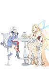  2girls absurdly_long_hair absurdres ankle_boots aurora_(fate) black_gloves blonde_hair blue_dress blue_footwear boots braid brown_shirt butterfly_wings cookie cup curtained_hair dress earrings fairy_knight_lancelot_(fate) fairy_knight_lancelot_(second_ascension)_(fate) fate/grand_order fate_(series) food forehead forked_eyebrows full_body gloves hair_between_eyes halterneck head_rest high_heel_boots high_heels highres holding holding_cup holding_food hoop_earrings house_tag_denim jewelry long_hair looking_at_another multiple_girls parted_bangs pointy_ears saucer shirt side_braid simple_background sitting smile stool table teacup tiered_tray very_long_hair white_background white_dress white_hair wings yellow_eyes 