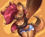  abs absurd_res anthro breasts brown_body brown_fur cleavage clothed clothing ear_piercing eyebrow_piercing eyebrow_ring facial_piercing feather_earring female frinn fur hair hi_res hyena mammal midriff muscular muscular_female piercing red_hair ring_piercing smile solo spots spotted_body spotted_fur spotted_hyena wigmania 