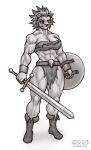  2023 5_fingers abs absurd_res anthro athletic athletic_anthro athletic_female big_breasts boots bottomwear breasts cleavage clothed clothing crossgender felid female fingers footwear fur hi_res humanoid_hands leo_(red_earth) lion loincloth mammal mane melee_weapon mtf_crossgender muscular muscular_anthro muscular_female navel pantherine rawslaw5 red_earth shield solo standing sword weapon 