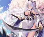  1girl azur_lane breast_curtains breasts buran_(22x) cherry_blossoms cleavage closed_mouth cowboy_shot dress foreshortening from_below grey_hair hair_over_one_eye highres katana large_breasts long_hair looking_at_viewer multiple_swords outdoors petals pink_eyes side_slit sideboob sky solo sword unzen_(azur_lane) very_long_hair weapon wide_hips wide_sleeves 