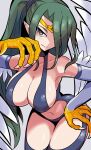  1girl absurdres animal_hands bare_shoulders breasts brown_eyes circlet claws cleavage commentary_request duel_monster feathered_wings feathers green_hair hair_over_one_eye harpie_queen harpy highres large_breasts long_hair monster_girl navel pointy_ears ponytail revealing_clothes simple_background smile solo thighhighs wadatsumi_(sense11531153) white_background white_wings winged_arms wings yu-gi-oh! 