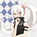  ahoge arm_strap bare_shoulders black_dress caraku covered_mouth crossed_arms dress ello eyewear_around_neck girls&#039;_frontline goggles goggles_around_neck hair_ornament hair_scrunchie long_hair orange_scrunchie pkp_(girls&#039;_frontline) scrunchie side_ponytail turtleneck very_long_hair white_hair yellow_eyes 