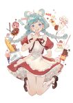  1girl :q absurdres ahoge animal_ears apron aqua_hair argyle argyle_legwear arm_behind_back artist_name bag baguette berry black_ribbon blue_eyes blush braid bread brown_footwear cake cake_slice candy checkerboard_cookie cherry chinese_commentary chocolate chocolate_bar chocolate_doughnut chocolate_syrup commentary cookie doughnut dress floating_hair food food_request frilled_dress frills fruit full_body hand_up hidari_(nanmu-left) highres ice_cream ice_cream_cone jumping knees_together_feet_apart licking_lips long_hair looking_at_viewer low_twin_braids mary_janes mouse_ears mouse_girl neck_ribbon open_hand original paper_bag pastry_bag plate puffy_short_sleeves puffy_sleeves red_dress red_ribbon ribbon sash shoes short_sleeves simple_background socks solo sprinkles straight-on strawberry tareme tongue tongue_out twin_braids white_apron white_background white_sash white_socks wrapped_candy 