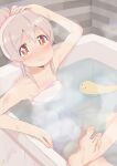  1girl arm_up bare_arms bare_shoulders barefoot bathing bathtub blush brown_eyes c: collarbone commentary feet hair_between_eyes hair_bun hair_up highres kebakebasan looking_at_viewer naked_towel onii-chan_wa_oshimai! oyama_mahiro partially_submerged pink_hair signature sitting smile soles solo steam toes towel towel_on_head water 