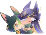  2boys animal_ear_fluff animal_ears animal_hat black_hair black_headwear blue_eyes chibi closed_eyes closed_mouth cyno_(genshin_impact) dark-skinned_male dark_skin earrings flower fox_boy fox_ears fox_tail genshin_impact gloves green_hair hair_between_eyes hair_over_one_eye hat highres hugging_another&#039;s_tail hugging_tail jewelry long_hair male_focus multicolored_hair multiple_boys nobinolifes parted_lips simple_background single_earring tail tighnari_(genshin_impact) upper_body white_background white_hair yaoi yellow_flower 