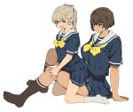  2girls bow bowtie height_difference highres m_k multiple_girls original school_uniform sitting skirt tall tall_female tomboy yuri 
