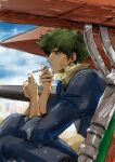  1boy absurdres blue_sky cigarette closed_mouth cloud cloudy_sky cowboy_bebop expressionless green_hair highres holding holding_cigarette light necktie shadow shirt sitting sky solo spike_spiegel spiked_hair swordfish_ii tobalin yellow_shirt 