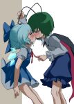  2girls against_wall antennae black_cape blue_bow blue_dress blue_eyes blue_hair blue_shorts blush bow cape cirno collared_shirt commentary_request dress eye_contact feet_out_of_frame frilled_shorts frills green_eyes green_hair hair_bow highres juliet_sleeves kabedon kiss leaning long_sleeves looking_at_another mikan_(manmarumikan) multiple_girls neck_ribbon puffy_sleeves red_ribbon ribbon shirt short_dress short_hair short_sleeves shorts standing sweat touhou white_background white_shirt wings wriggle_nightbug yuri 
