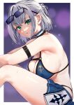  1girl absurdres arm_belt armpits bikini bikini_skirt breasts eyewear_on_head green_eyes grey_hair grin highres hololive large_breasts looking_at_viewer otk shirogane_noel sitting smile solo sunglasses sweat swimsuit virtual_youtuber 