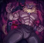  abs anthro bandai_namco blonde_hair blue_eyes clawed_fingers clothed clothing devimon digimon digimon_(species) duo hair hi_res leomon male mane muscular muscular_anthro muscular_male nipples nurinaki pecs topless 