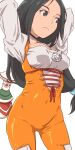  1girl aoi_nori_(aoicoblue) black_hair bodysuit breasts choker closed_mouth final_fantasy final_fantasy_ix garnet_til_alexandros_xvii gloves jewelry long_hair low-tied_long_hair necklace orange_bodysuit simple_background skin_tight solo staff white_background 