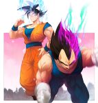  2boys :o all_fours artist_name bare_shoulders biceps black_eyes black_hair blue_bodysuit blue_sash blue_shirt blue_wristband bodysuit clenched_hands closed_eyes collarbone dougi dragon_ball dragon_ball_super energy hand_up looking_at_another male_focus motion_blur motion_lines multiple_boys muscular muscular_male ommmyoh open_mouth orange_pants pants pectorals pink_sky purple_hair sash shirt short_sleeves signature sky sleeveless sleeveless_bodysuit son_goku spiked_hair standing sweatdrop teeth tree twitter_username ultra_ego_(dragon_ball) ultra_instinct v-shaped_eyebrows vegeta veins white_background wristband 