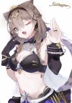  1girl :d animal_ears bikini bikini_top_only breasts brown_hair cat_ears cat_girl cat_tail cleavage fang gloves green_eyes headband honkai_(series) honkai_impact_3rd komuer navel one_eye_closed pardofelis_(honkai_impact) signature simple_background single_glove single_sleeve skin_fang smile stomach swimsuit tail upper_body white_background 