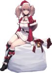  1girl atlanta_(kancolle) bell boots breasts brown_hair christmas cowboy_shot earrings fur_trim grey_eyes hat jewelry kantai_collection knee_boots large_breasts long_hair long_sleeves looking_at_viewer official_art santa_costume santa_hat shizuma_yoshinori sitting sitting_on_object solo star_(symbol) star_earrings two_side_up 