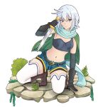  1girl aqua_scarf bike_shorts bike_shorts_under_shorts boots breasts brown_footwear capelet chris_(konosuba) commentary dage_the_evil diamond_earrings earrings fighting_stance full_body gloves green_capelet highres holding holding_sword holding_weapon jewelry kneeling kono_subarashii_sekai_ni_shukufuku_wo! looking_at_viewer navel purple_eyes scar scar_on_cheek scar_on_face shoes short_hair shorts shorts_under_shorts small_breasts solo sword thighhighs transparent_background weapon 