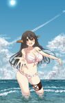  1girl absurdres bikini black_hair blue_sky brown_eyes cloud day frilled_bikini frills front-tie_bikini_top front-tie_top hair_ornament hairband hairclip haruna_(kancolle) headgear highres horizon kantai_collection long_hair mizunototori ocean outdoors outstretched_arms sky smile solo swimsuit white_bikini 