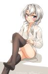  1girl asymmetrical_hair black_thighhighs collared_shirt dress_shirt flipped_hair grey_eyes kantai_collection long_hair nowaki_(kancolle) one-hour_drawing_challenge open_clothes open_shirt ray.s shirt simple_background sitting solo swept_bangs thighhighs white_background white_hair white_shirt 