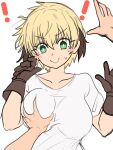  1girl blonde_hair breast_hold breasts ebora fate/grand_order fate_(series) gareth_(fate) gloves green_eyes hair_flaps highres large_breasts shirt short_hair surprised white_background white_shirt 