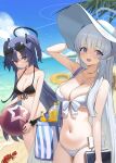  2girls absurdres arm_up bag ball beach beachball bikini black_bikini blue_archive breasts cloud crab front-tie_bikini_top front-tie_top halo highres holding holding_ball holding_beachball large_breasts long_hair looking_at_viewer midriff multiple_girls navel noa_(blue_archive) nogong open_mouth outdoors parted_bangs purple_eyes purple_hair shoulder_bag sky swimsuit two_side_up very_long_hair white_bikini white_hair yuuka_(blue_archive) 