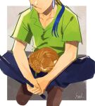  1boy animal animal_on_lap black_pants blue_hair border brown_footwear cat cat_on_lap cigarette closed_mouth collarbone cu_chulainn_(fate) fate_(series) fishing fishing_rod green_shirt hal_(haaaalhal) head_out_of_frame highres holding holding_fishing_rod indian_style long_hair male_focus mouth_hold on_ground on_lap orange_cat pants ponytail shirt short_sleeves signature sitting smoking solo white_border 
