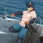  1:1 2023 absurd_res anthro blue_bottomwear blue_clothing blue_shorts boat bottomwear canid canine canis clothing detailed_background digital_media_(artwork) domestic_dog fingers fur hi_res male mammal multicolored_body multicolored_fur mykegreywolf outside rope sea shirt shorts solo teeth topwear vehicle water watercraft 
