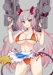  1girl :3 alternate_costume apron bikini blunt_bangs blush bracelet breasts closed_mouth cone_hair_bun cowboy_shot demon_girl demon_tail double_bun dual_wielding grey_background grey_hair gun hair_bun highres holding horns indie_virtual_youtuber jewelry jyaco large_breasts long_hair looking_at_viewer medium_bangs multicolored_hair navel orange_bikini pink_hair red_horns side-tie_bikini_bottom simple_background smile solo streaked_hair suou_patra swimsuit tail v-shaped_eyebrows virtual_youtuber waist_apron weapon white_apron 