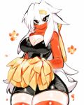  1girl black_dress breasts cleavage cleavage_cutout clothing_cutout covered_mouth cowboy_shot dress furry furry_female hairband large_breasts long_sleeves looking_at_viewer orange_thighhighs pokemon pokemon_(creature) pom_pom_(cheerleading) rabbit_girl raboot shrug_(clothing) simple_background solo standing thighhighs usa37107692 white_background yellow_hairband 