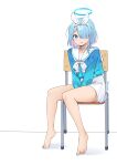  1girl :p absurdres aqua_hair arona_(blue_archive) barefoot blue_archive blue_eyes blue_serafuku braid chair collarbone colored_inner_hair commentary hair_ornament hair_over_one_eye hairband halo highres knees_together_feet_apart leaning_forward long_bangs long_sleeves looking_at_viewer multicolored_hair pinnn pleated_skirt school_chair school_uniform serafuku short_hair sidelocks simple_background single_braid sitting skirt solo toes tongue tongue_out two-tone_hair v_arms white_background white_skirt 