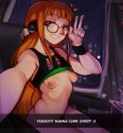  1girl absurdres ahoge artist_name behind-the-head_headphones blunt_bangs blush breasts english_text fluffydango freckles glasses grin headphones highres long_hair looking_at_viewer orange_hair persona persona_5 purple_eyes sakura_futaba shirt small_breasts smile solo v 