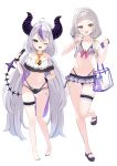  2girls absurdres ahoge alternate_costume alternate_hairstyle ascot bag bare_arms bare_shoulders beach bracelet breasts cellphone cleavage collarbone commentary_request demon_girl demon_horns demon_tail fingernails full_body grey_hair handbag highleg highres hololive horns ichipon1515 jewelry la+_darknesss leg_up legs long_hair looking_at_viewer low_twintails medium_hair multicolored_hair multiple_girls murasaki_shion nail_polish navel one_eye_closed open_mouth outdoors palm_tree phone purple_hair sandals small_breasts smartphone standing standing_on_one_leg stomach streaked_hair striped striped_horns swimsuit tail thigh_strap toenail_polish toenails toes tree twintails v very_long_hair virtual_youtuber white_background yellow_eyes 