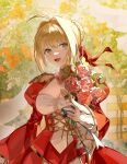  1girl :d absurdres ahoge bird blonde_hair blurry blurry_background bouquet braid breasts cleavage dress fate/extella fate/extella_link fate/extra fate/extra_ccc fate/extra_record fate/grand_order fate_(series) flower green_eyes hair_intakes highres holding holding_bouquet large_breasts light light_particles light_smile long_hair looking_at_viewer mazinisang nero_claudius_(fate) nero_claudius_(fate/extra) open_mouth red_dress red_ribbon ribbon smile solo tree upper_body 