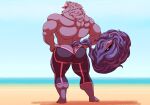  anthro back_muscles bathym beach big_butt big_muscles butt canid canine canis clothing demon fur hat headgear headwear hi_res horn huge_muscles lifewonders male mammal muscular muscular_anthro muscular_male purple_body purple_fur rear_view seaside silver-stag solo tokyo_afterschool_summoners visor_cap wetsuit wolf 