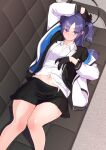  1girl black_gloves black_skirt blazer blue_archive blush couch drd_(chdrd) feet_out_of_frame gloves halo highres jacket looking_at_viewer lying multicolored_clothes multicolored_jacket navel on_back on_couch purple_eyes purple_hair shirt skirt solo two-tone_jacket two_side_up white_shirt yuuka_(blue_archive) 