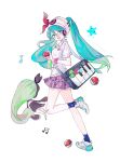  1girl :d absurdres bag beanie bracelet commentary_request crossover green_hair hair_between_eyes hat hatsune_miku highres holding holding_poke_ball jewelry leg_up long_hair meloetta open_mouth pifeng_(7634446) pleated_skirt poke_ball poke_ball_(basic) pokemon pokemon_(creature) project_voltage shoes shoulder_bag simple_background skirt smile socks star_(symbol) twintails vocaloid white_background white_headwear 