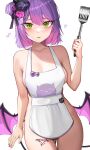  1girl apron blush breasts demon_girl demon_tail demon_wings green_eyes hair_bun highres hololive kkato large_breasts looking_at_viewer medium_hair nail_polish naked_apron purple_hair solo spatula tail tattoo tokoyami_towa virtual_youtuber wings 