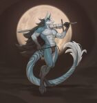  absurd_res anthro blue_body blue_skin bottomwear clothing digital_drawing_(artwork) digital_media_(artwork) dragon edvardiko hair hi_res holding_object holding_weapon looking_at_viewer male markings melee_weapon moon nipples pecs pulling_underwear scalie shaded shirtless shirtless_male solo standing sword tail tail_tuft tuft weapon wrappings 