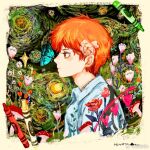  1boy blue_shirt border bug butterfly butterfly_on_nose chinese_commentary collared_shirt commentary_request crayon crayon_(medium) faux_traditional_media flower from_side haikyuu!! hair_flower hair_ornament heart hinata_shouyou light_smile male_focus mushroom orange_eyes orange_hair parted_lips pink_flower pink_rose rose shirt short_hair solo sparkle traditional_media tulip tuuuuuututu upper_body weibo_logo weibo_username yellow_border 