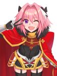  astolfo_(fate) black_bow black_thighhighs bow cape fang fate/grand_order fate_(series) fur-trimmed_cape fur_trim garter_straps gauntlets gloves hair_bow hair_intakes highres kumo955 leaning_forward male_focus multicolored_hair official_alternate_costume one_eye_closed open_mouth otoko_no_ko pink_hair purple_eyes red_cape skin_fang smile solo streaked_hair thighhighs v 