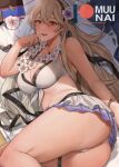  1girl ass beach_towel bikini black_hairband blush book bracelet breasts cleavage commentary corrin_(female)_(fire_emblem) corrin_(female)_(summer)_(fire_emblem) corrin_(fire_emblem) day english_commentary feet_out_of_frame fire_emblem fire_emblem_fates fire_emblem_heroes flower flower_necklace frilled_bikini frills front-tie_bikini_top front-tie_top glint grey_hair hair_between_eyes hair_flower hair_ornament hairband hand_to_own_mouth jewelry large_breasts leaf lei long_hair looking_at_viewer lying muunai navel official_alternate_costume on_side open_mouth outdoors paid_reward_available patreon_logo patreon_username red_eyes shade smile solo stomach swimsuit thigh_strap thighs thong_bikini towel web_address white_bikini 