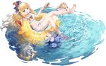  1girl afloat alternate_costume artist_request azur_lane barefoot bikini black_bikini_bottom blonde_hair blue_bow blue_eyes blush bow breasts chain check_artist closed_eyes closed_mouth collarbone crown cup duck_innertube fang feet floating flower frilled_bikini frills full_body groin hair_bow hair_ornament hairband highres holding holding_cup innertube jewelry kaede_(yumesaki_kaede) legs linea_alba long_hair maid_headdress manjuu_(azur_lane) mini_crown mismatched_bikini multicolored_bow navel necklace non-web_source nose_blush official_alternate_costume official_art open_mouth queen_elizabeth_(azur_lane) queen_elizabeth_(seaside_orders)_(azur_lane) red_bow ribbon rigging sarong saucer see-through see-through_sarong side-tie_bikini_bottom sitting skin_fang smile soles solo spread_toes sweatdrop swimsuit tea teacup thigh_strap toes turret underboob v-shaped_eyebrows very_long_hair water waves white_bikini white_bow white_sarong 